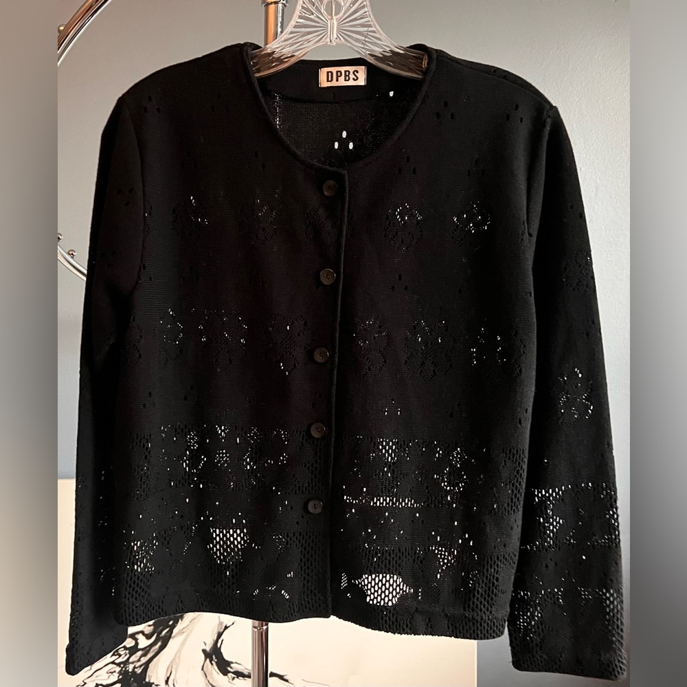 Vintage Women's Black Floral Open-Knit Cardigan